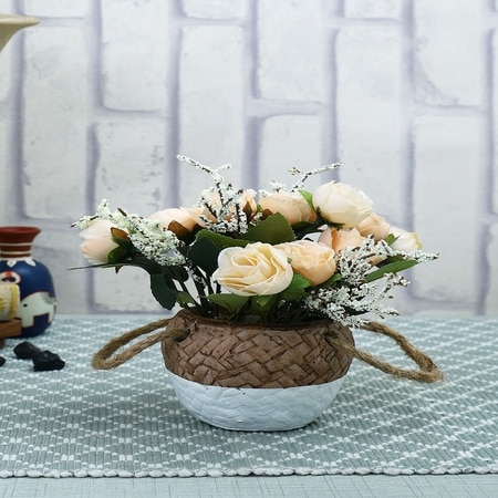 Artificial Yellow Roses With A Ceramic Pot