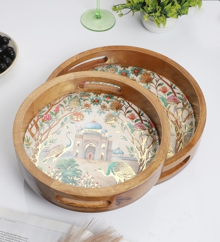 Taj Mahal Garden Wooden Tray Set – Mughal Art Design (Set of 2)