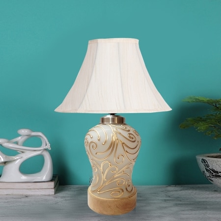 Devansh Off White Cotton Shade Lamp With Wood & Mosaic Glass Base For Decoration /Office/Home/Gifting/Study For Office/Home/Gifting -(12X12X16) Inches -