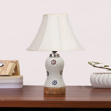 Devansh Off-White Cotton Shade Lamp With Wood & Mosaic Glass Base For Decoration/Office/Home/Gifting/Study For Decoration/Office/Home/Gifting/Study