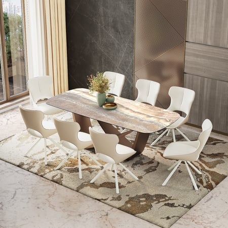 Paloma 8 Seater Jupiter Spanish Ceramic Dining Table With 8 Tulip Dining Chairs (Finish : Jupiter Spanish Ceramic, Chair Colour : Cream)