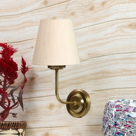 Devansh Metal Electric Wall Light in Gold Colour with off-white Shade Count of 1 Light