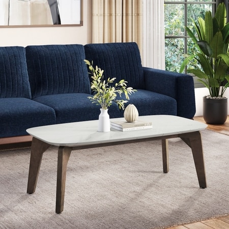 Lunar Rectangular Solid Wood and Carrara White Marble Coffee Table In Danish Walnut Finish