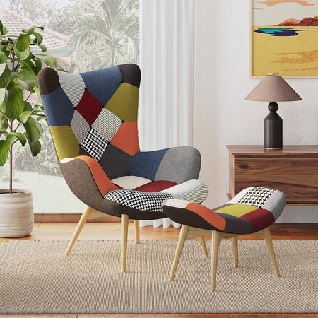Contour Fabric Accent With Ottoman Replica In Multi Colour Patch Work