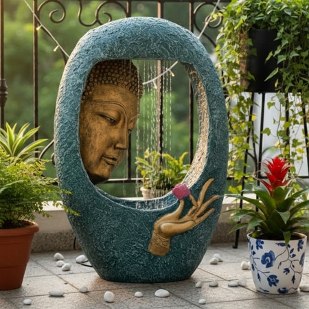 Buddha Face Shower Blue and Gold Fiber Glass Indoor Fountain