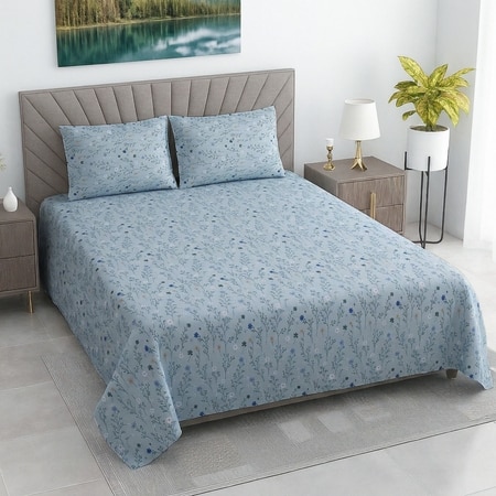 Kavi Blue Floral 400 TC Cotton Flat Double Queen Size Bedsheet with 2 Pillow Covers – Threads