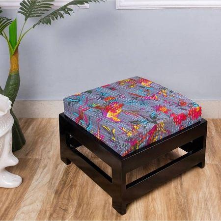 Kumkum Rosewood Foot Stool with Bird Print Grey Kantha Cushion