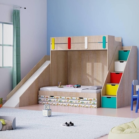 Sleep Nâ€™ Slide Bunk Bed with Slide and Storage in Oak Colour BKBB028