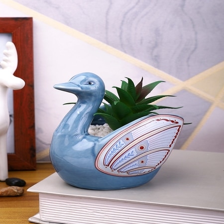Aloe Vera Plant Inside An Artistic Blue Swan Ceramic Pot