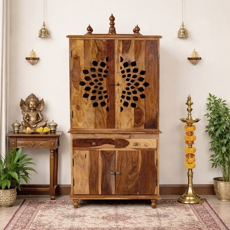 Tnesh Sheesham Wood  Prayer Unit in Teak Finish