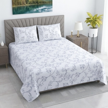 Noir Black & White Floral 330 TC Cotton Flat Super King Size Bedsheet with 2 Pillow Covers – Threads