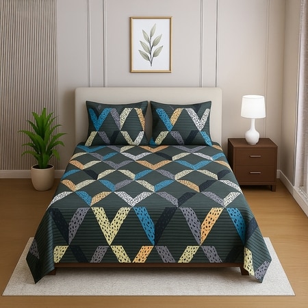 Dark Grey Geometric 210 TC Mix Cotton Flat Single Bed Size Bedsheet With 2 Pillow Cover From Threads