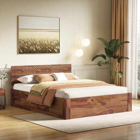 Kuba Solid Wood King Size Box Storage Bed In Teak Finish