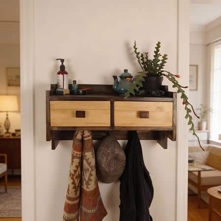 Golden Oak Wooden Wall Shelf With Drawers & Key Holders
