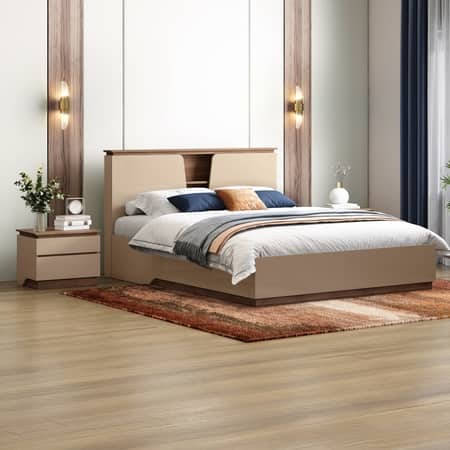 Sydney Engineered Wood King Hydraulic Storage Bed with 1 Bedside Table – Beige Glossy Finish