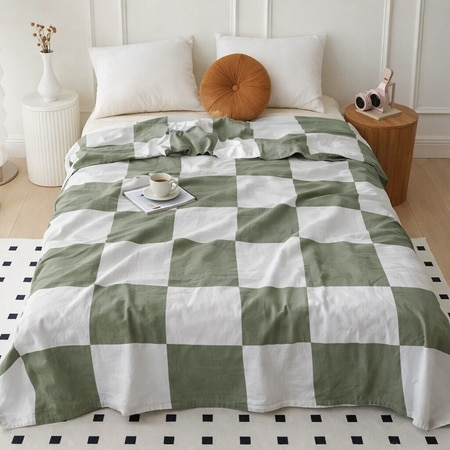 Iris White & Green Checkered Cotton Double Bed Dohar Reversible 2 Layer Size 240 X 220 Cms