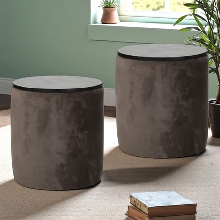 Wayne Pine Wood Accent Set of 2 Ottoman Pouffees in Cedar Brown Velvet, Extra Dark Mahogany Finish