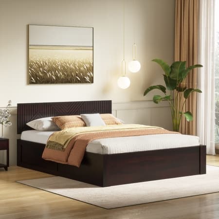 Kuba Solid Wood Queen Size Bed With Hydraulic Storage (Mahagony Finish)