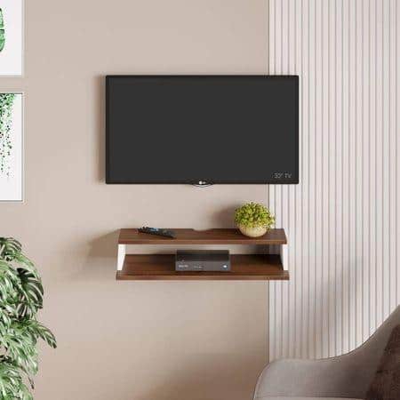 Maisy Engineering Wood Wall Mount TV Entertainment Unit Set Top Box Stand/TV Cabinet with Shelves for Books & Decor Display Unit Bed Living Room Upto 42 Inches (Brown Maple & White)