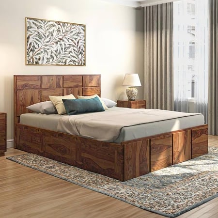 Astoria Solid Wood Queen Size Box Storage Bed In Teak Finish