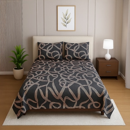 Dark Grey Abstract 210 TC Mix Cotton Flat Single Bed Size Bedsheet With 2 Pillow Cover From Threads