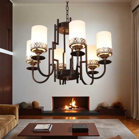 Eliante White Glass Chandelier, 6 Light, Mild Steel And Glass, Modern Hanging Ceiling Fixture