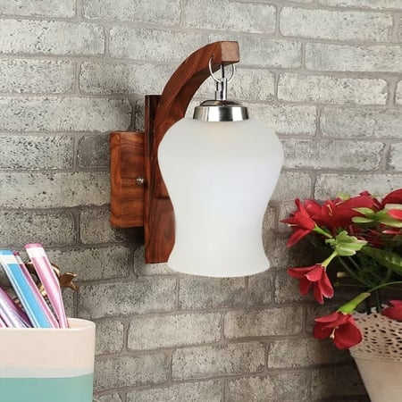 Devansh Solid Wood Electric Wall Light in Brown Colour with White Shade Count of 1 Light