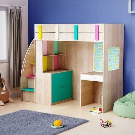 Origami Loft Bed with Study Table and Storage in Oak Colour
