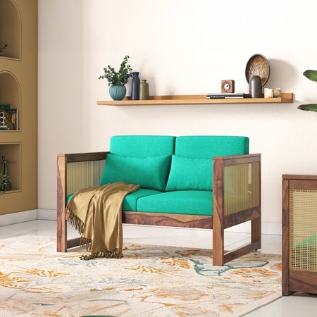 Korai Plus 2 Seater Sofa in Teak Finish & Lagoon Green Fabric