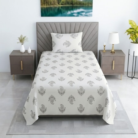 Black And White Floral 330 Tc  Cotton Flat  Single Bed Size Bedsheet With 1 Pillow Cover