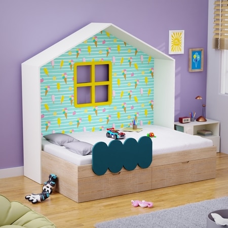 Little Hut Bed 6X4 Drawers On Wheels In Teal Colour53