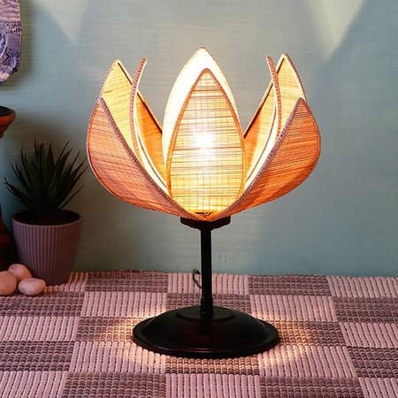 Wallace Beige Bamboo Shade Table Lamp with Black Iron Base