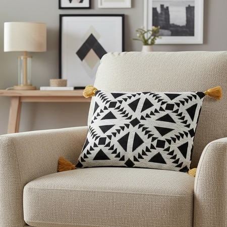 Abstract Black Mustard Cotton Cushion Cover 16X16  Inches