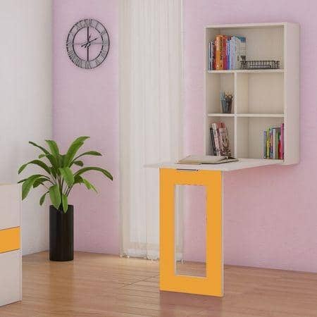 Calypso Kids Wall Mounted Folding Study Desk and Built In Bookshelf in Light Wood Mango Yellow Colour