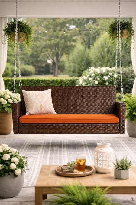 Carry Bird Wicker Patio Furniture Outdoor Balcony Swings In Brown And Orange Colour