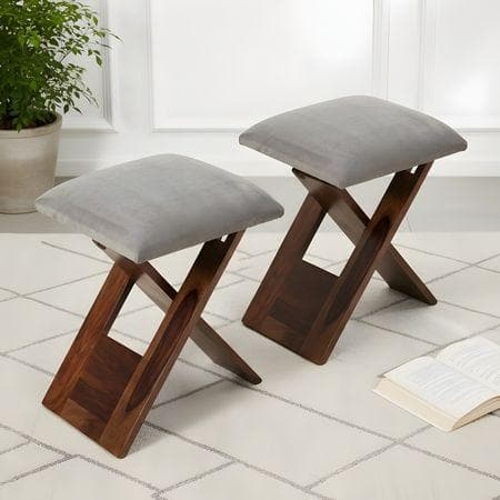 Dayton Sheesham Wood Accent Square Set of 2   Stools in Grey Cotton Velvet Upholstery