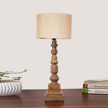 Devansh Off White Cotton Table Lamp With Wood Natural Base (7X7X21.25 Inches)-2