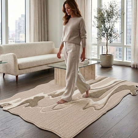 Handmade Natural Wool Shaped Rug Abstract Marble Beige 3 x 5 Feet Carpet
