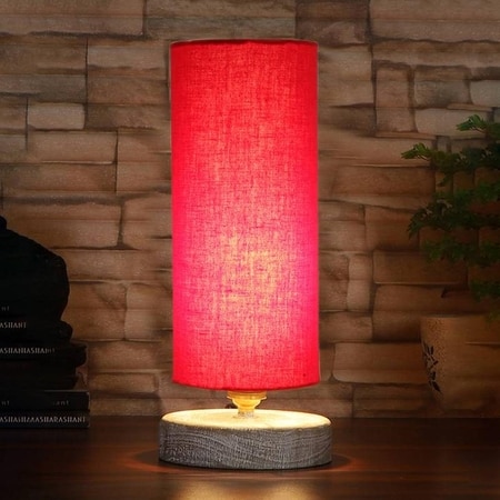 Wallice Red cotton table lamp with White Brushed wood base