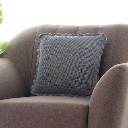 Transfer Knit Cushion Cover With Crochet Border Grey Melange 16X16 Inches