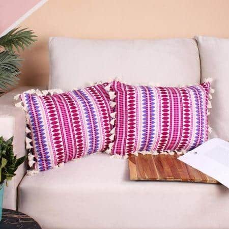 Acrylic Striped Cushion Cover with Lace Set of 2 (12 X 18 Inches)