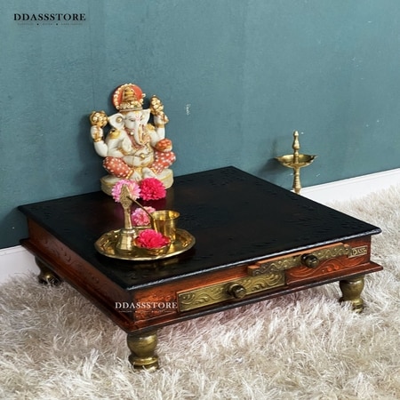 D'Dass Copper Mdf and Sheesham Wooden Pooja Chowki With Drawer