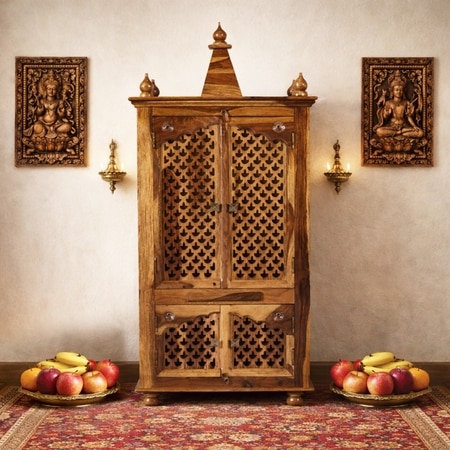 ium Sheesham Wood  Prayer Unit in Teak Finish