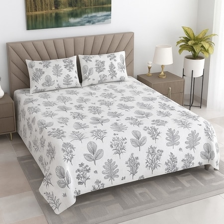 Sia White Floral 400 TC Cotton Flat Super King Size Bedsheet with 2 Pillow Covers – Threads