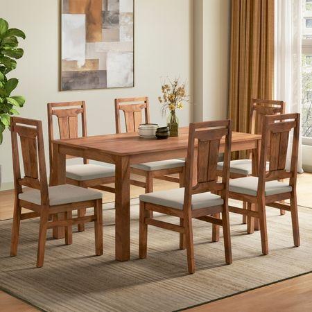 Tessa Solid Wood Dining Chair In Sienna Teak Finish With Wheat Brown Colour Fabric