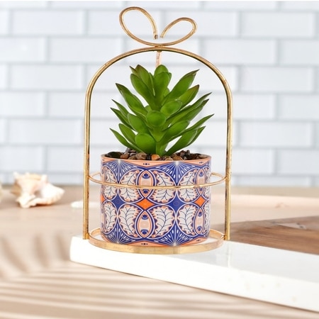 Artificial Plant With Ceramic Planter In A Golden Basket