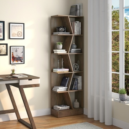 Paleo Solid Wood Corner Bookshelf In Danish Walnut Finish
