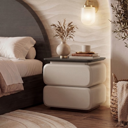 Sora Solid Wood Bedside Table In Beige with Dark Chestnut Finish