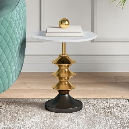 Mira Banswara Marble And Metal Side Table In Glossy Gold Finish