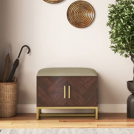 Nina 4 Pairs Solid Wood Shoe Cabinet With Seat In Mango Walnut Finish Taupe Leatherette